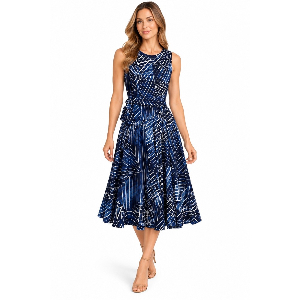 Lauren Ralph Lauren Geometric Print Sleeveless Midi Dress Blue White Size 6